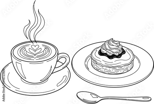 Line art illustration of coffee cup with latte art and stack of pancakes.