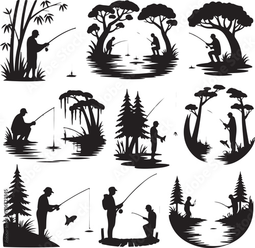 black silhouettes of people fishing in various landscapes with trees and plants