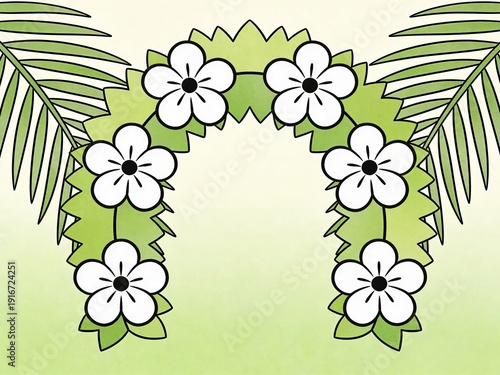 Cartoon palm leaves and white flowers forming a decorative arch. Botanical border design with tropical plants for Spring and Summer frame.
