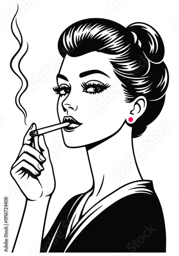 Black and white of a woman with elaborate hairstyle smoking a cigarette with pink earring smoke desi