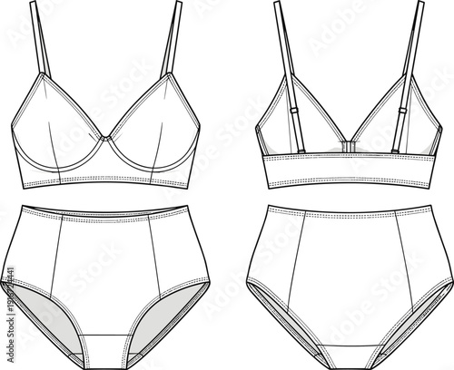 Women’s lingerie fashion sketch, bra and panties technical drawing, garment design illustration, textile artwork, clothing construction details, underwear pattern making design