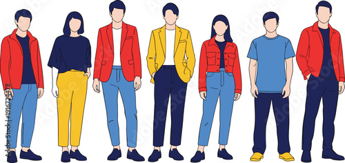 Flat design vector illustration of a diverse group of young men and women in colorful trendy casual and business outfits