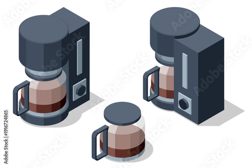 Drip coffee maker. Isometric drip coffee maker set with glass carafe and filter unit. Office or cafe brewing equipment for hot coffee beverage, minimal appliance illustration.