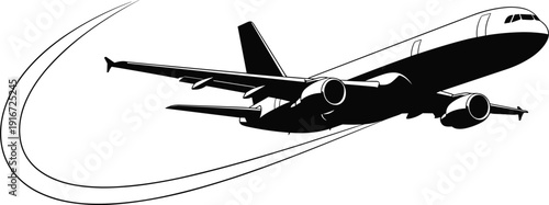 Commercial airplane silhouette with contrail curve isolated vector illustration for aviation travel design