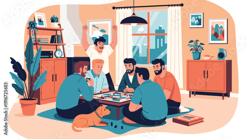 Group of close friends enjoy a fun evening playing a board game together in a cozy living room with a pet dog resting on the floor.