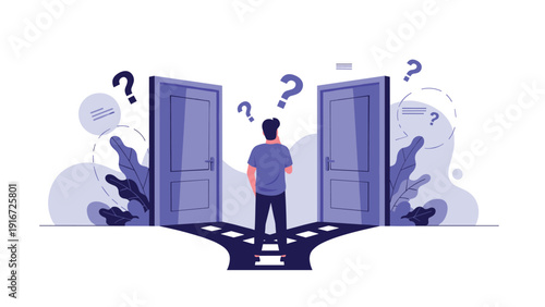 Pensive man standing at crossroads between two mysterious purple doors facing a difficult decision and uncertain future.