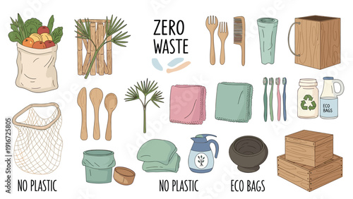 Large collection of eco-friendly and zero waste products features wooden utensils, cloth bags, and reusable containers for a green life.
