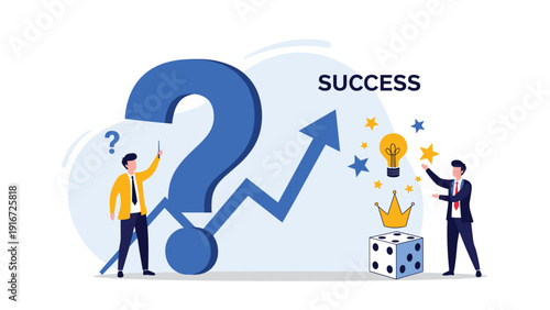 Motivated businessman pointing at a giant question mark while his colleague celebrates success with lightbulb and dice.