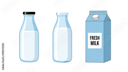 Three containers of fresh milk are displayed including two glass bottles with different caps and one convenient blue paper carton.