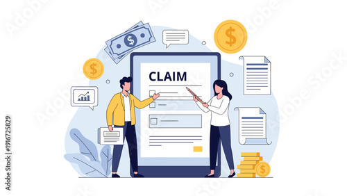 Two business professionals reviewing a digital claim form on a large tablet surrounded by money and document symbols.