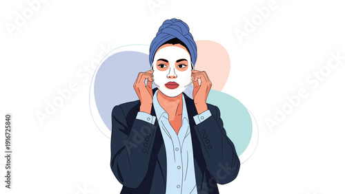 Busy businesswoman manages her skincare routine by wearing a facial sheet mask and towel while dressed in a professional suit jacket.