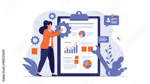 Focused businesswoman holding a large blue gear while standing next to a clipboard displaying financial data and charts.