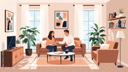 Young couple having a relaxed conversation while sitting on a comfortable sofa in a modern and stylishly decorated room.