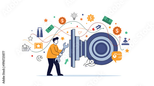 Skilled technician adjusting a large blue turbine engine with a wrench surrounded by various business and finance icons.