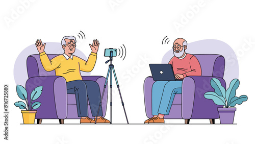 Senior man waving at a smartphone on a tripod while his friend uses a laptop for a video call in a cozy living room.