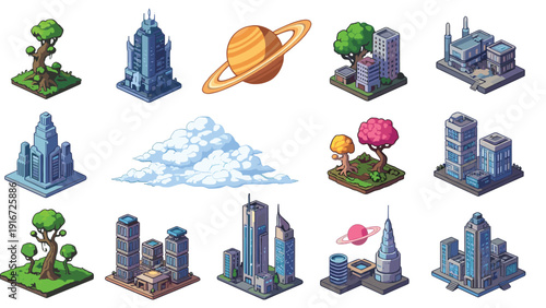 Comprehensive set of pixel art icons featuring various isometric futuristic buildings, nature elements, and outer space.
