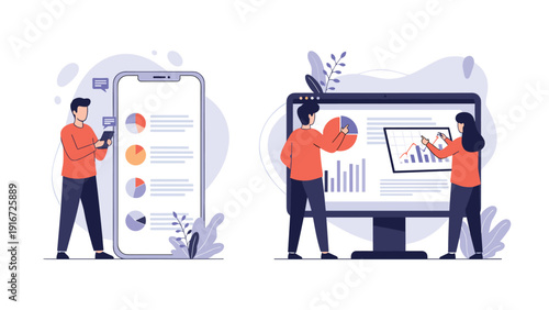 Couple of data analysts reviewing colorful charts and pie graphs on a large mobile phone and desktop computer monitor.