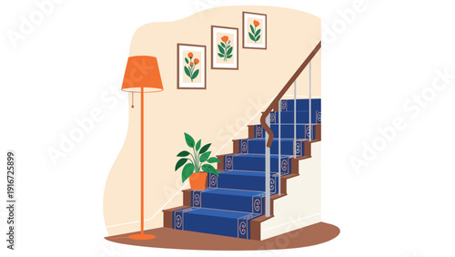 Beautiful interior view of a staircase with a blue carpet runner next to an orange floor lamp and green potted plant.