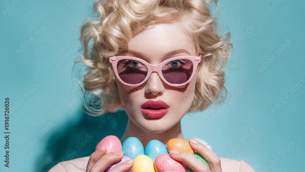 Fototapeta premium A woman with blonde hair and pink sunglasses holding colorful Easter eggs