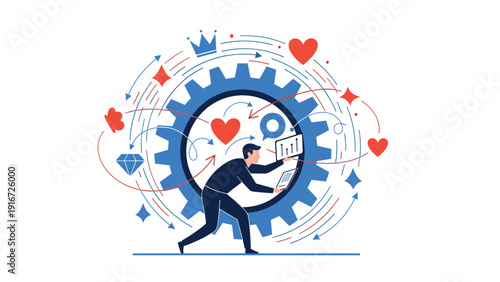 Person interacting with a large gear surrounded by various symbols of success, love, wealth, and positive social media.