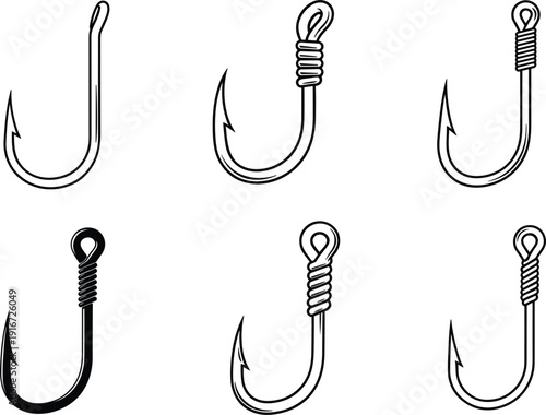Fishing hook icon set with different line knots and weights for angling sport tackle shop equipment vector,