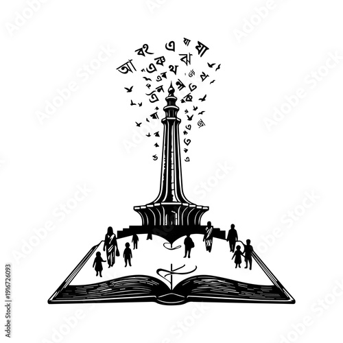 International Mother Language Day Concept with Bangla Alphabet and open book silhouette vector.