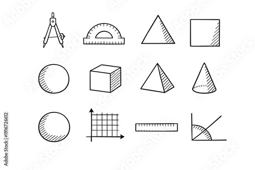 Hand-drawn geometry tools and shapes icon set featuring compass, protractor, rulers, grid graph, angle diagram, and basic solids on white