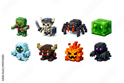 Set of voxel fantasy game monsters including zombie, skeleton warrior, cave spider, slime cube, icy creature, horned demon, fire elemental, and shadow mob