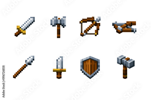 Pixel-art medieval fantasy weapon and tool icon set featuring sword, axe, bow, crossbow, spear, dagger, shield, and warhammer on white