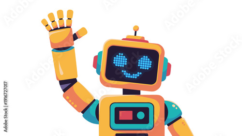 Cheerful robot waving, symbol of innovation and future technology.