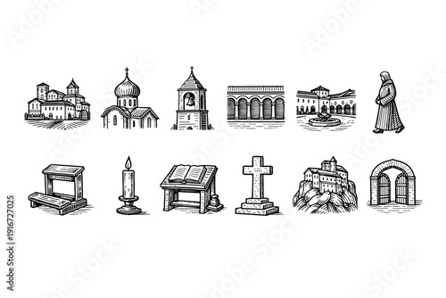 Hand-drawn religious icons set featuring churches, monastery, bell tower, arches, chapel, pilgrim, altar, candle, Bible, cross, and gateway