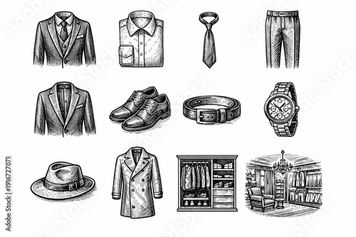 Vintage black-and-white illustration set of menswear and accessories including suit jacket, shirt, tie, trousers, shoes, belt, watch, hat, coat, and wardrobe