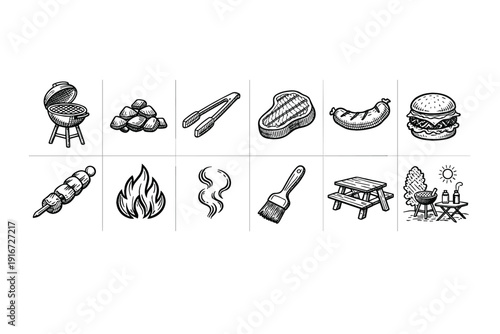 Hand-drawn barbecue and grilling icon set featuring kettle grill, charcoal, tongs, steak, sausage, burger, skewer, flames, smoke, brush, picnic table