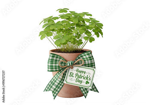 A potted plant with a decorative green and white ribbon tied around it,st patrick's day set against a plain isolated on transparent background, png