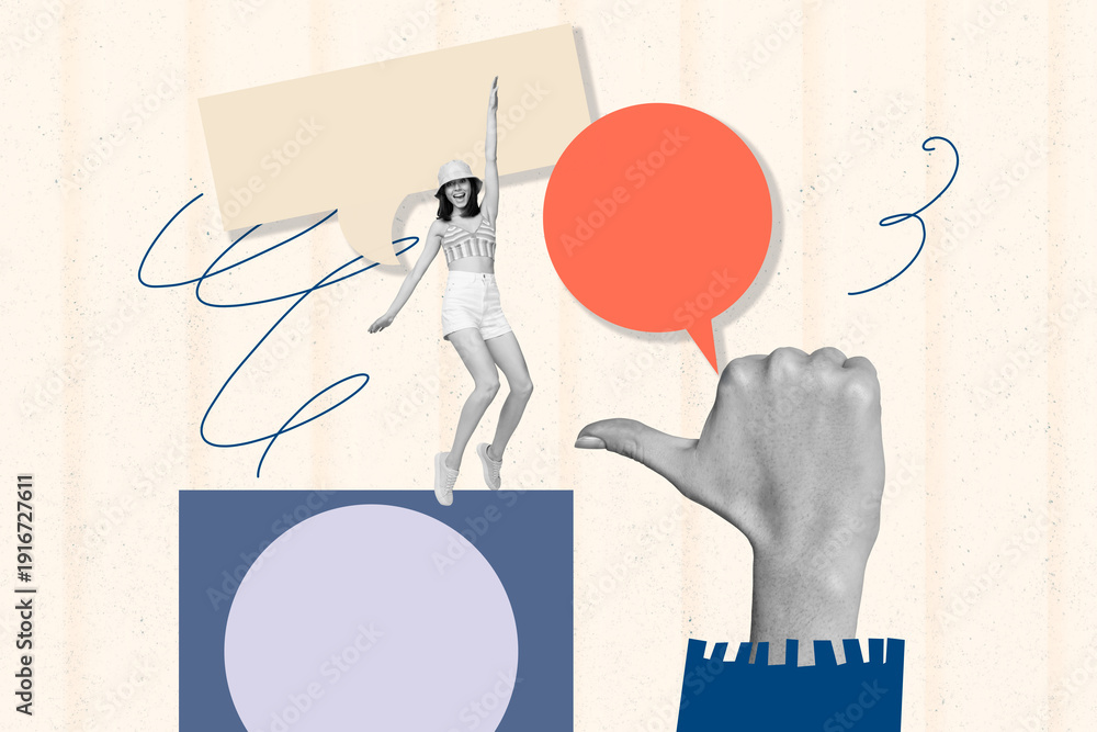 © deagreez - Composite artwork photo collage template sketch of thumb hand gesture showing feedback box sticker speech cloud young woman stand smile
