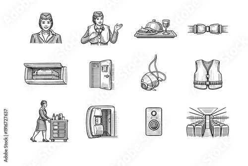 Hand-drawn travel service icons featuring cabin crew, luggage belt, meal tray, boarding pass, headphones, life vest, minibar cart, and airplane seats
