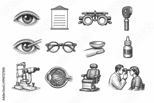 Vintage ophthalmology and optometry set with eye anatomy, vision examination tools, eyeglasses, slit lamp, phoropter, and eye drops illustrations