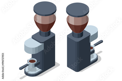 Isometric espresso machine in two views, professional coffee equipment for cafe bar. Modern stainless appliance for barista beverage service. Coffee grinder