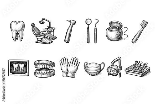 Hand-drawn dental equipment set featuring tooth, chair, drill, mirror, scaler, floss, toothbrush, x-ray, dentures, gloves, mask, lamp, and tools tray