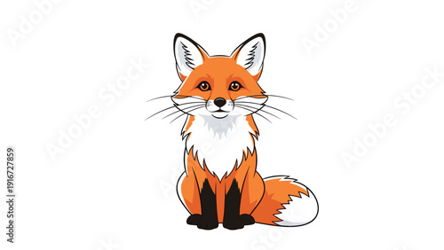 Detailed illustration of a red fox sitting calmly with its bright orange fur, white chest, and black paws on a white background.