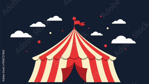 Classic red and white striped circus tent standing under a dark night sky filled with clouds and colorful floating circles.