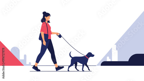 Smiling woman dressed in casual clothes walking her black dog on a leash in an urban environment with geometric shapes.