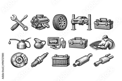 Vintage engraved automotive repair icons set showing mechanic tools, engine parts, tire, brake rotor, spark plug, muffler, oil cans and car lift service