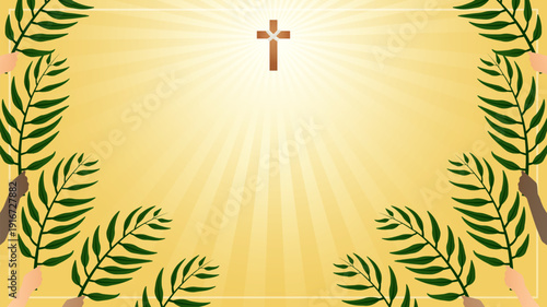 Palm Sunday Celebration Background with Hands Holding Green Branches and Cross on Yellow Sunburst