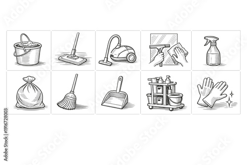 Set of hand-drawn household cleaning icons showing bucket, mop, vacuum, squeegee, spray bottle, trash bag, broom, dustpan, cart, and gloves