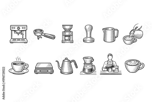 Hand-drawn set of coffee brewing icons with espresso machine, portafilter, grinder, tamper, kettle, scales, pour-over dripper, barista, and cups