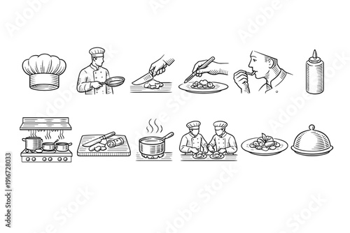 Monochrome line art set of chef and kitchen actions, showing cooking tools, cutting board, stovetop, plating food, tasting, and serving dishes