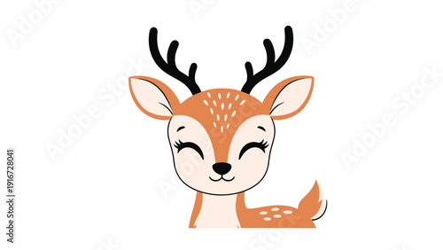 Adorable cartoon illustration of a happy baby deer with antlers and closed eyes smiling on a plain white background.