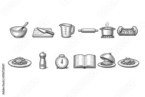 Hand-drawn cooking and baking icons set featuring mixing bowl, knife, measuring cup, rolling pin, saucepan on stove, timer, recipe book, and plated food