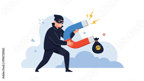 Burglar wearing a black mask and dark clothes using a large magnet to steal a heavy bag of money from a distance.